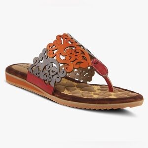 Ornate Cutout Thong Sandal in Orange, Brown & Gray
